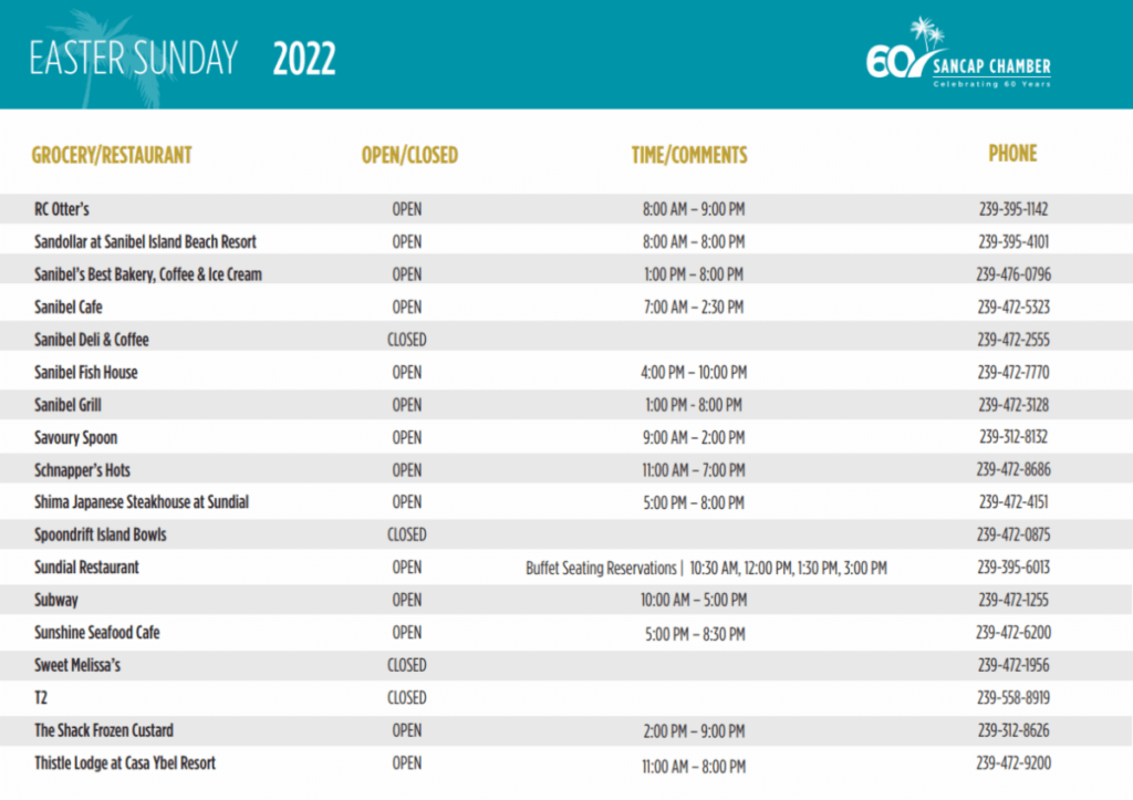 sanibel easter restaurants list